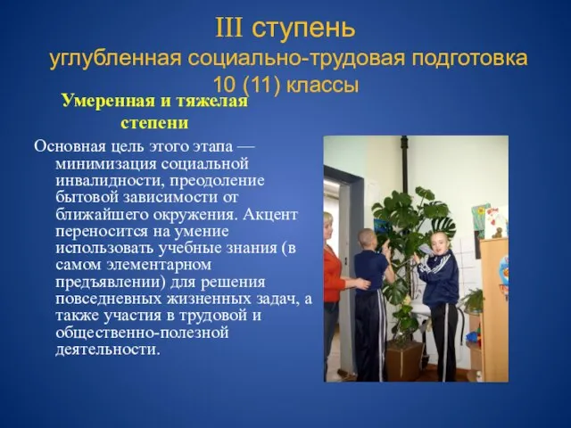 III ступень углубленная социально-трудовая подготовка 10 (11) классы Умеренная и тяжелая степени