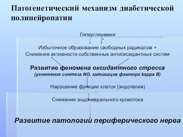 Патогенетический механизм диабетической полинейропатии Гипергликемия Избыточное образование свободных радикалов + Снижение активности