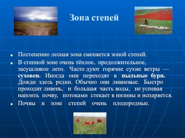 Зона степей Постепенно лесная зона сменяется зоной степей. В степной зоне очень