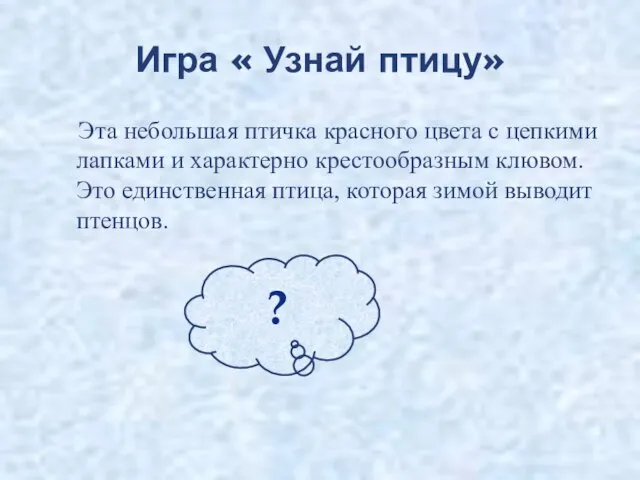 Игра « Узнай птицу» Эта небольшая птичка красного цвета с цепкими лапками