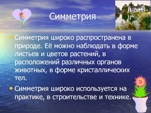 Симметрия Симметрия широко распространена в природе. Её можно наблюдать в форме листьев