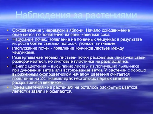 Наблюдения за растениями Сокодвижение у черемухи и яблони. Начало сокодвижение отмечается по