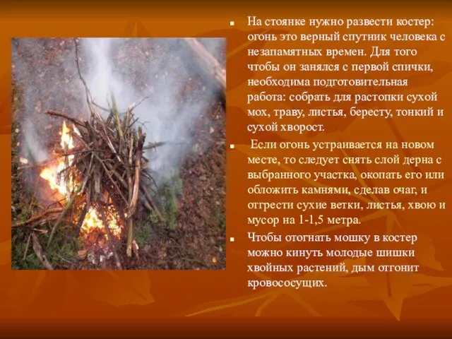 На стоянке нужно развести костер: огонь это верный спутник человека с незапамятных