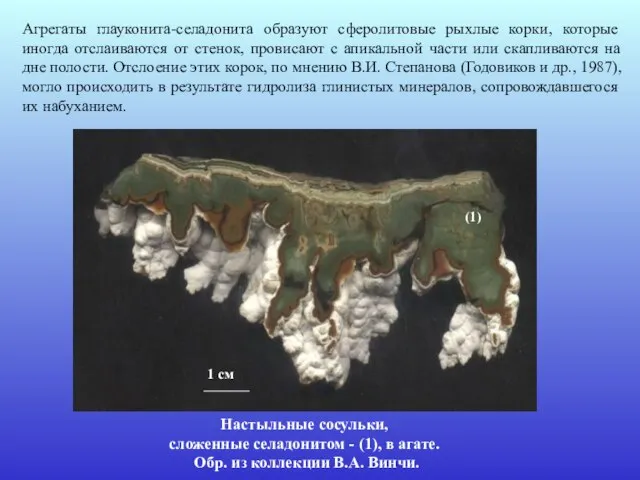 Агрегаты глауконита-селадонита образуют сферолитовые рыхлые корки, которые иногда отслаиваются от стенок, провисают