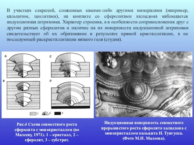 В участках секреций, сложенных какими-либо другими минералами (например, кальцитом, цеолитами), на контакте