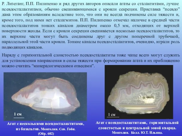 Р. Лизеганг, П.П. Пилипенко и ряд других авторов описали агаты со сталактитами,