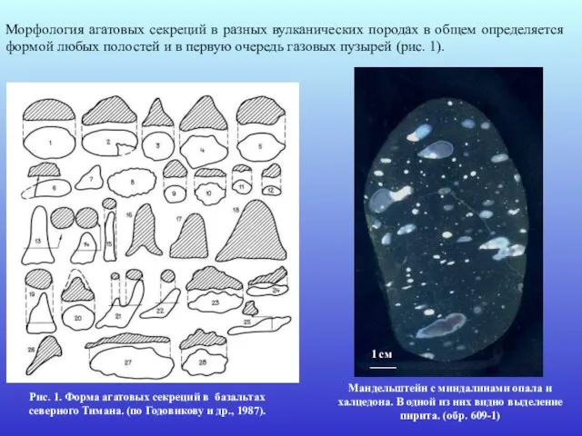 Морфология агатовых секреций в разных вулканических породах в общем определяется формой любых