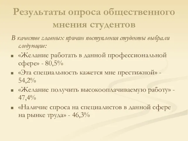 Результаты опроса общественного мнения студентов В качестве главных причин поступления студенты выбрали