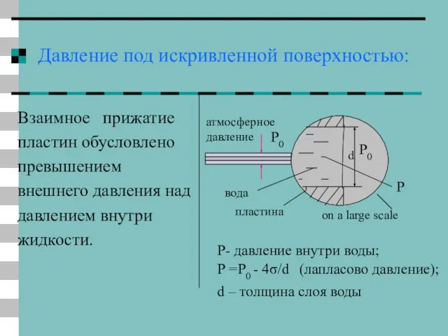 Давление под искривленной поверхностью: Взаимное прижатие пластин обусловлено превышением внешнего давления над