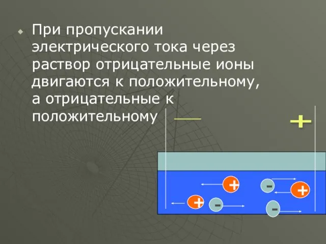 При пропускании электрического тока через раствор отрицательные ионы двигаются к положительному, а