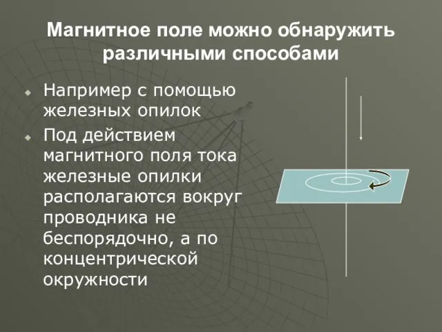 Магнитное поле можно обнаружить различными способами Например с помощью железных опилок Под