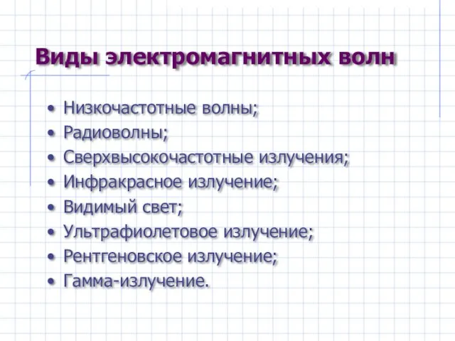 Виды электромагнитных волн Низкочастотные волны; Радиоволны; Сверхвысокочастотные излучения; Инфракрасное излучение; Видимый свет;