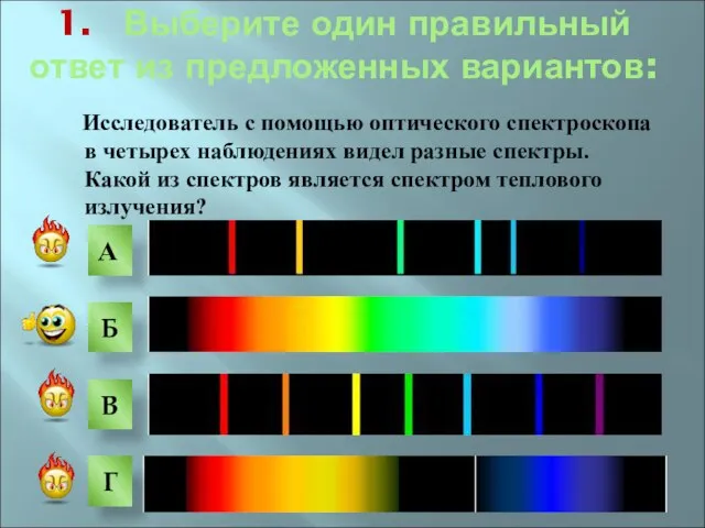 Исследователь с помощью оптического спектроскопа в четырех наблюдениях видел разные спектры. Какой