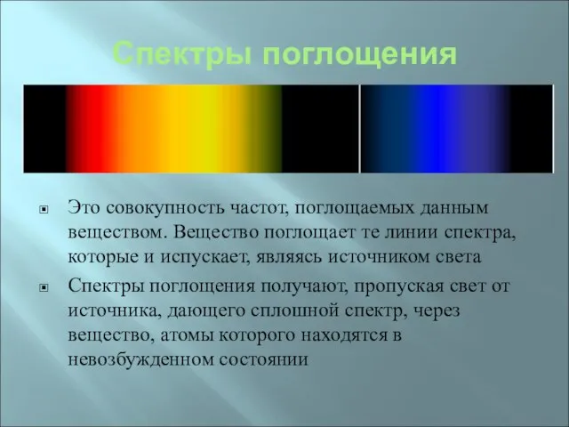 Спектры поглощения Это совокупность частот, поглощаемых данным веществом. Вещество поглощает те линии