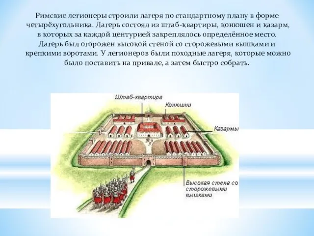 Римские легионеры строили лагеря по стандартному плану в форме четырёхугольника. Лагерь состоял