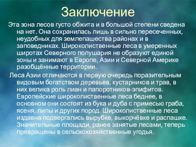 Заключение Эта зона лесов густо обжита и в большой степени сведена на