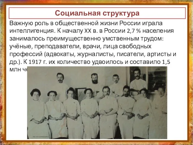Важную роль в общественной жизни России играла интеллигенция. К началу XX в.