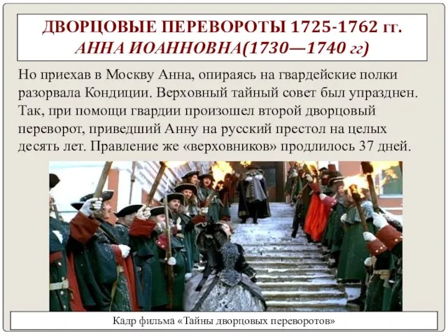 ДВОРЦОВЫЕ ПЕРЕВОРОТЫ 1725-1762 гг. АННА ИОАННОВНА(1730—1740 гг) Но приехав в Москву Анна,