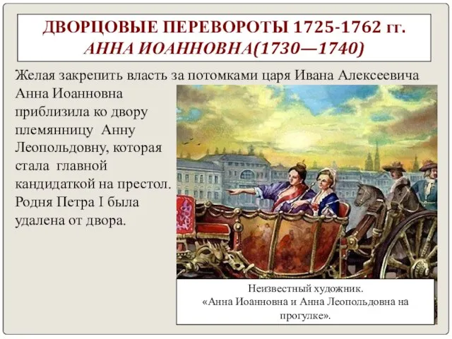 ДВОРЦОВЫЕ ПЕРЕВОРОТЫ 1725-1762 гг. АННА ИОАННОВНА(1730—1740) Желая закрепить власть за потомками царя