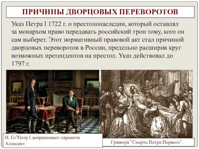 ПРИЧИНЫ ДВОРЦОВЫХ ПЕРЕВОРОТОВ Указ Петра I 1722 г. о престолонаследии, который оставлял