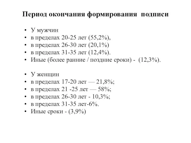 Период окончания формирования подписи У мужчин в пределах 20-25 лет (55,2%), в