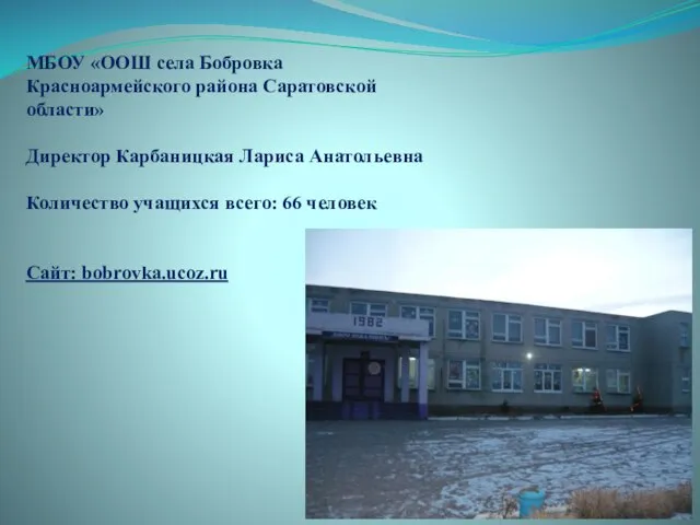 МБОУ «ООШ села Бобровка Красноармейского района Саратовской области» Директор Карбаницкая Лариса Анатольевна