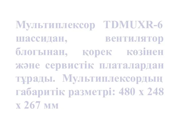 Мультиплексор TDMUXR-6 шассидан, вентилятор блогынан, қорек көзінен және сервистік платалардан тұрады. Мультиплексордың