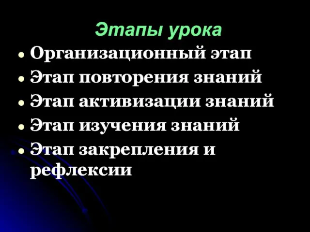 Этапы урока Организационный этап Этап повторения знаний Этап активизации знаний Этап изучения