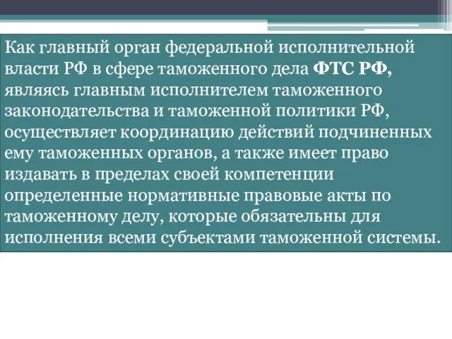 Как главный орган федеральной исполнительной власти РФ в сфере таможенного дела ФТС