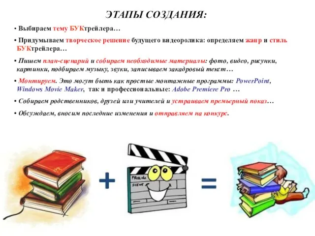 ЭТАПЫ СОЗДАНИЯ: Выбираем тему БУКтрейлера… Придумываем творческое решение будущего видеоролика: определяем жанр