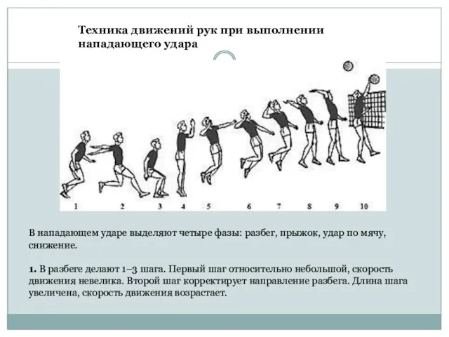 Техника движений рук при выполнении нападающего удара В нападающем ударе выделяют четыре