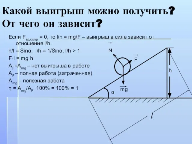 Если Fтр,сопр = 0, то l/h = mg/F – выигрыш в силе