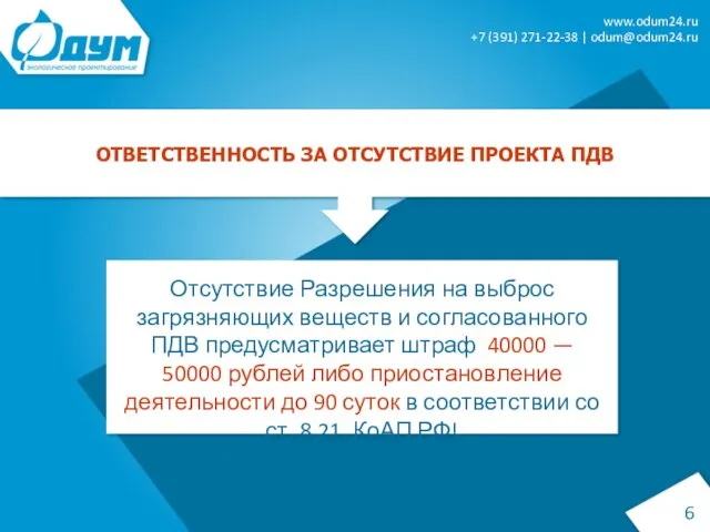 ОТВЕТСТВЕННОСТЬ ЗА ОТСУТСТВИЕ ПРОЕКТА ПДВ Отсутствие Разрешения на выброс загрязняющих веществ и