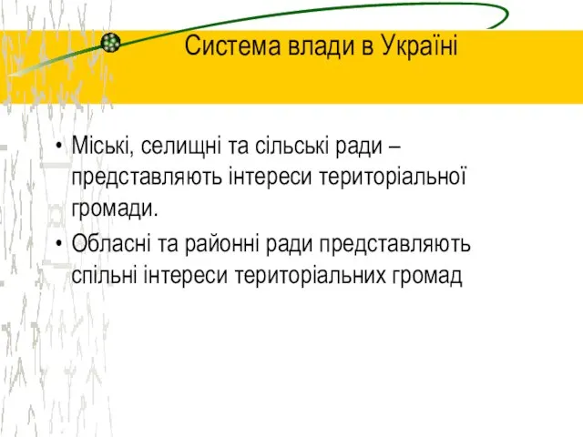 Система влади в Україні Міські, селищні та сільські ради – представляють інтереси