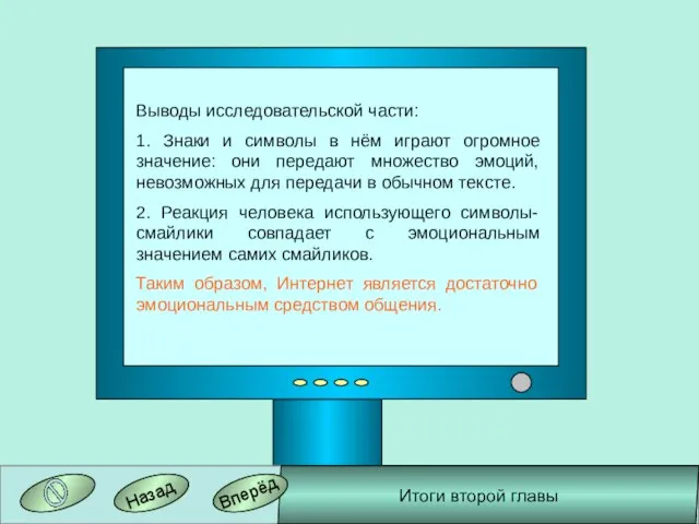 Вперёд Назад Итоги второй главы Выводы исследовательской части: 1. Знаки и символы