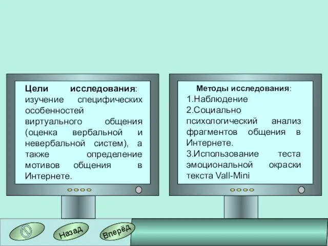 Вперёд Назад Цели исследования: изучение специфических особенностей виртуального общения (оценка вербальной и