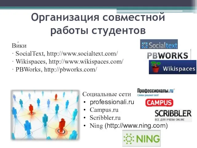 Ви́ки · SocialText, http://www.socialtext.com/ · Wikispaces, http://www.wikispaces.com/ · PBWorks, http://pbworks.com/ Организация совместной