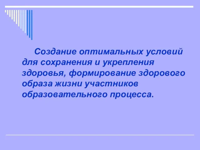 Создание оптимальных условий для сохранения и укрепления здоровья, формирование здорового образа жизни участников образовательного процесса.