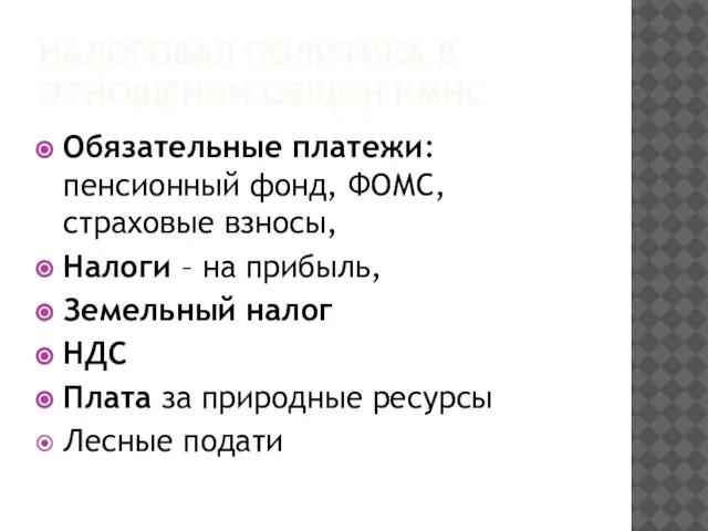 НАЛОГОВАЯ ПОЛИТИКА В ОТНОШЕНИИ ОБЩИН КМНС Обязательные платежи: пенсионный фонд, ФОМС, страховые