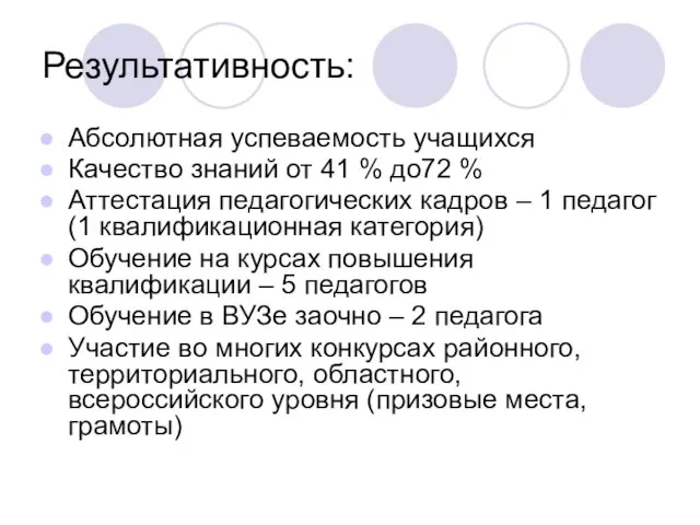 Результативность: Абсолютная успеваемость учащихся Качество знаний от 41 % до72 % Аттестация