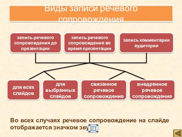 Виды записи речевого сопровождения Во всех случаях речевое сопровождение на слайде отображается значком звука