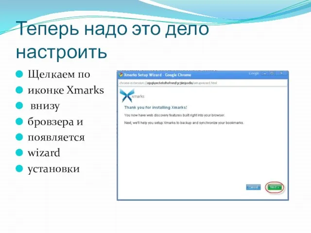 Теперь надо это дело настроить Щелкаем по иконке Xmarks внизу бровзера и появляется wizard установки