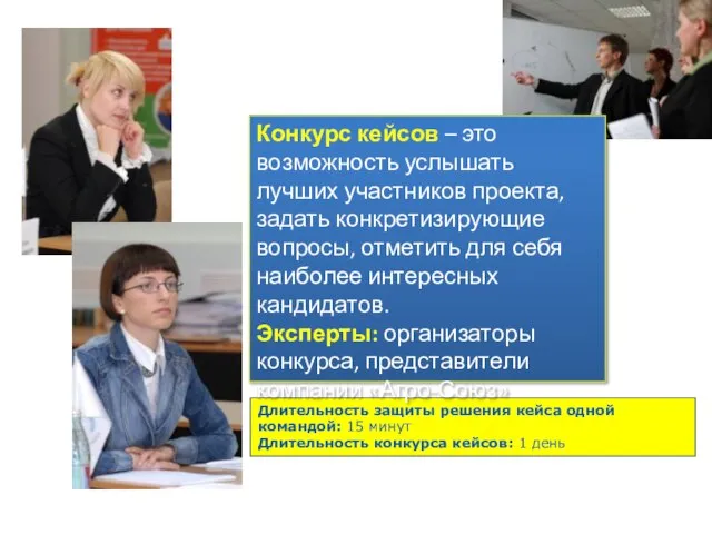 Длительность защиты решения кейса одной командой: 15 минут Длительность конкурса кейсов: 1