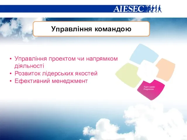 Управління командою Управління проектом чи напрямком діяльності Розвиток лідерських якостей Ефективний менеджмент