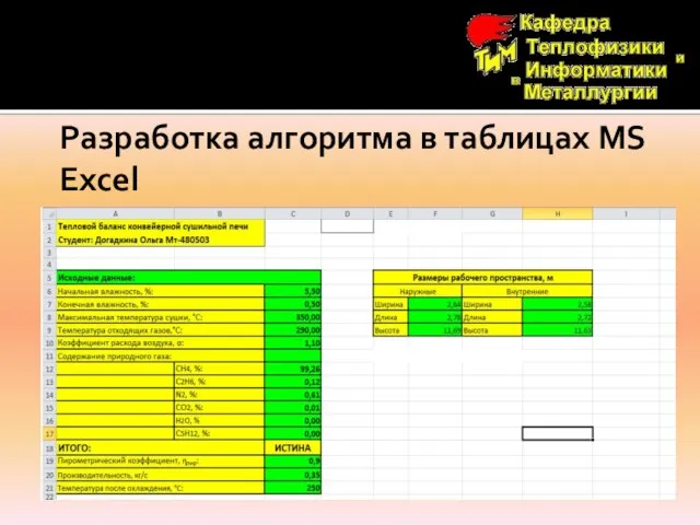 Разработка алгоритма в таблицах MS Excel