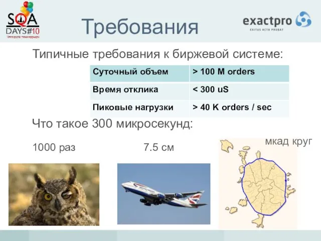 Требования Типичные требования к биржевой системе: Что такое 300 микросекунд: 1000 раз 7.5 см мкад круг