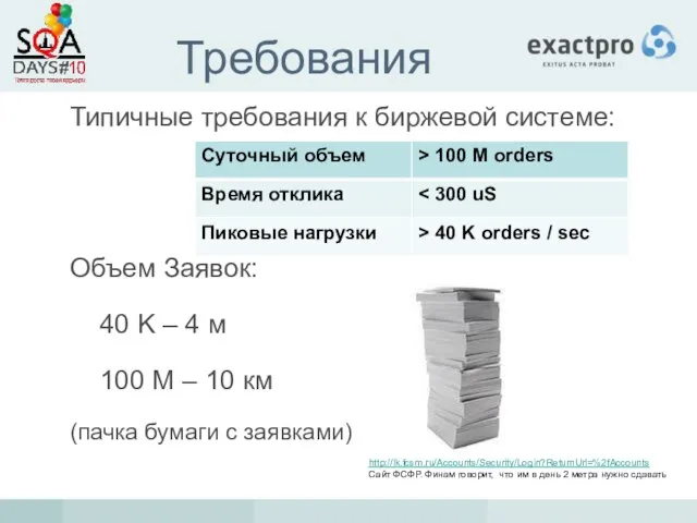 Требования Типичные требования к биржевой системе: Объем Заявок: 40 K – 4