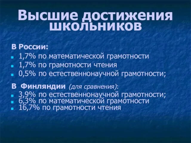 Высшие достижения школьников В России: 1,7% по математической грамотности 1,7% по грамотности