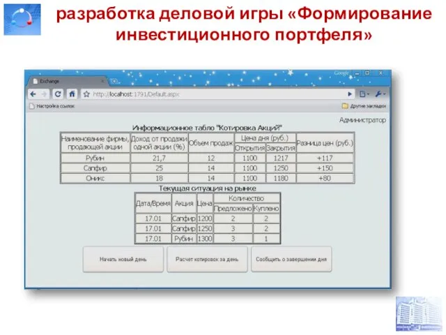 разработка деловой игры «Формирование инвестиционного портфеля»