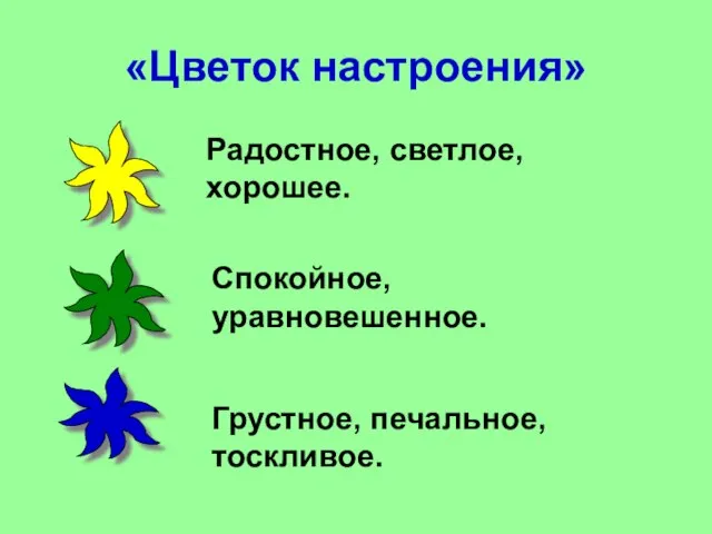 «Цветок настроения» Радостное, светлое, хорошее. Спокойное, уравновешенное. Грустное, печальное, тоскливое.